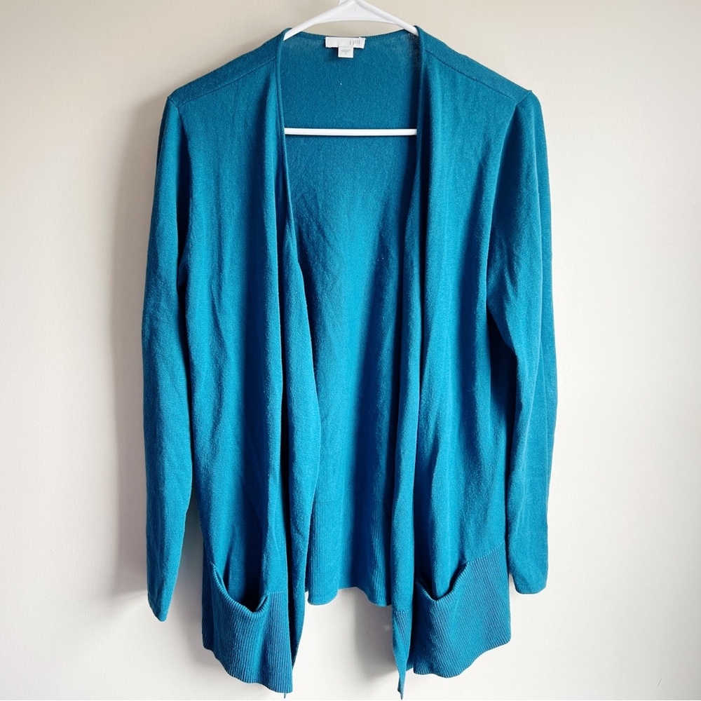 J Jill Teal Blue Silk Blend Open Front Cardigan Sweater